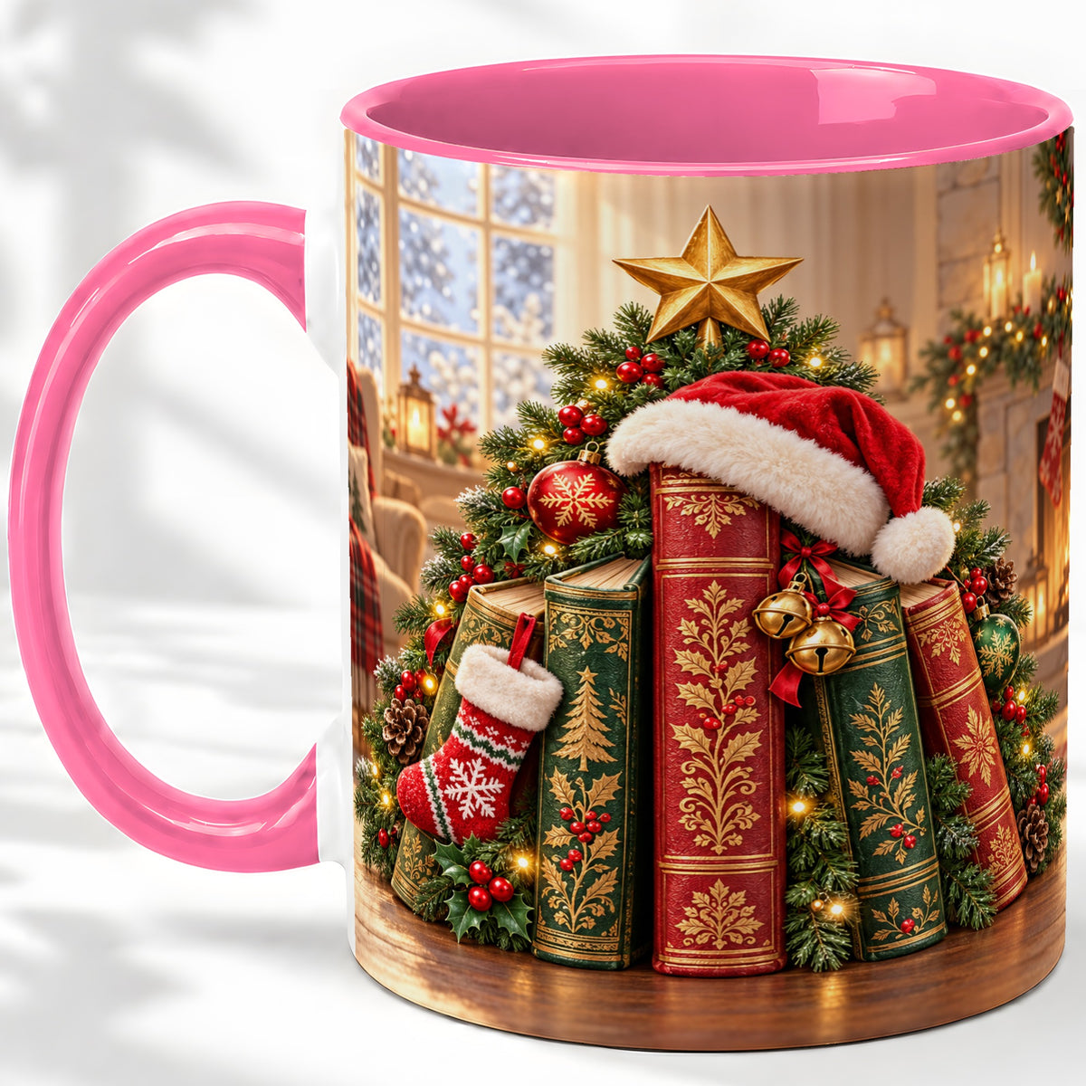 #pl[11oz|Pink] Christmas Books Accent Ceramic Mug, Santa Hat Tree Scene