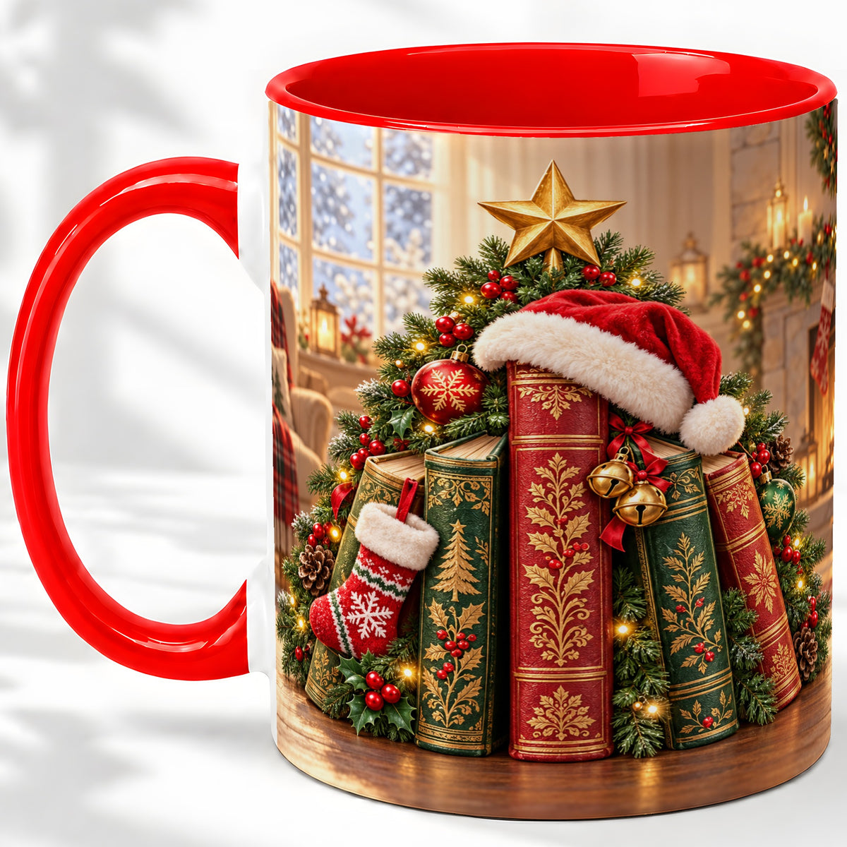 Christmas Books Accent Ceramic Mug, Santa Hat Tree Scene
