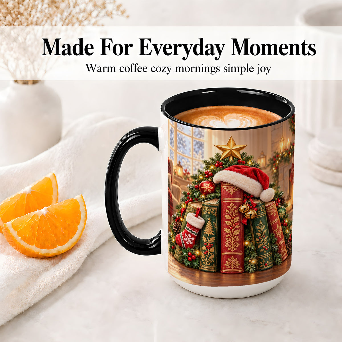 #pl[15oz|Black] Christmas Books Accent Ceramic Mug, Santa Hat Tree Scene