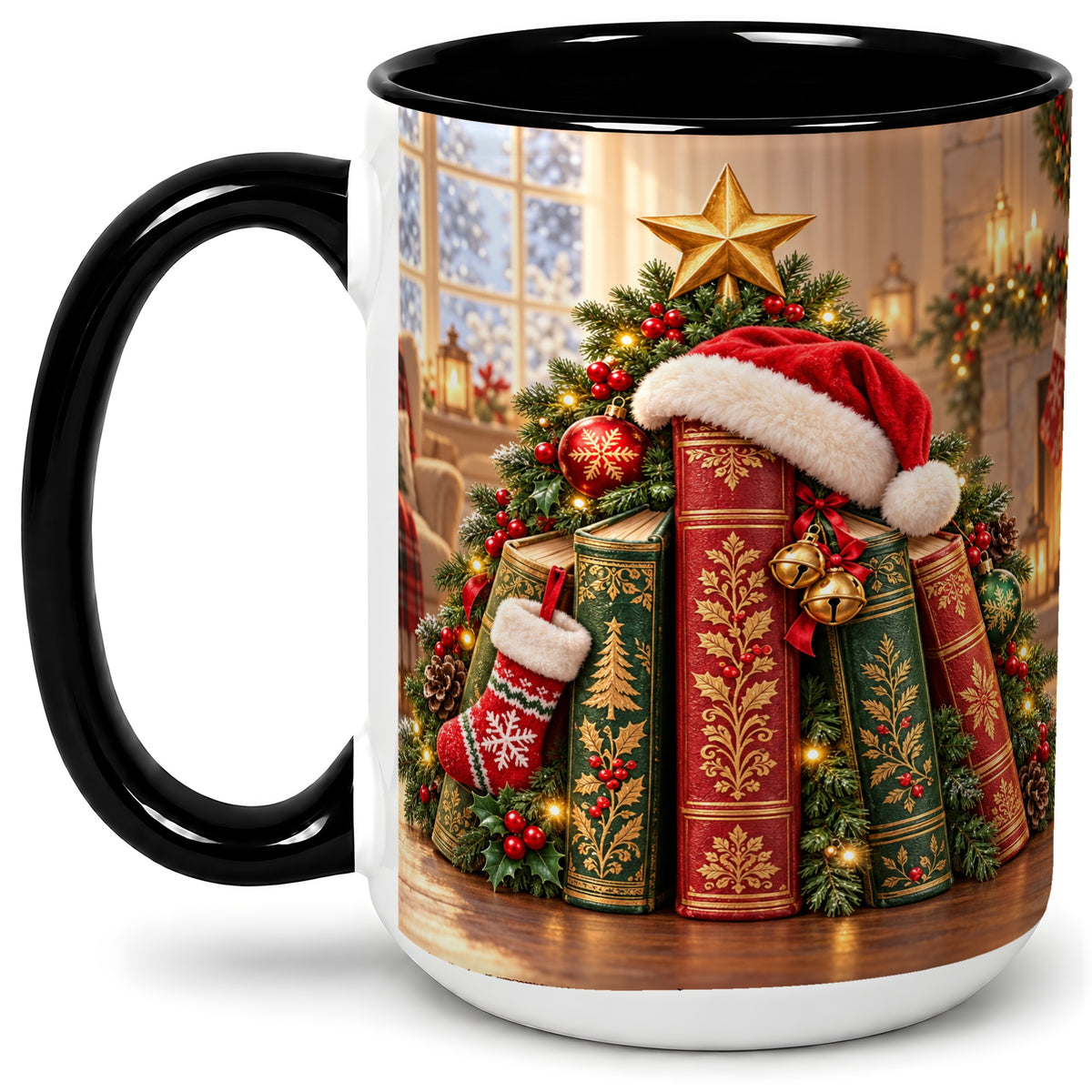 #pl[15oz|Black] Christmas Books Accent Ceramic Mug, Santa Hat Tree Scene