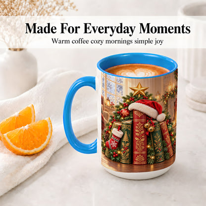 #pl[15oz|Blue] Christmas Books Accent Ceramic Mug, Santa Hat Tree Scene
