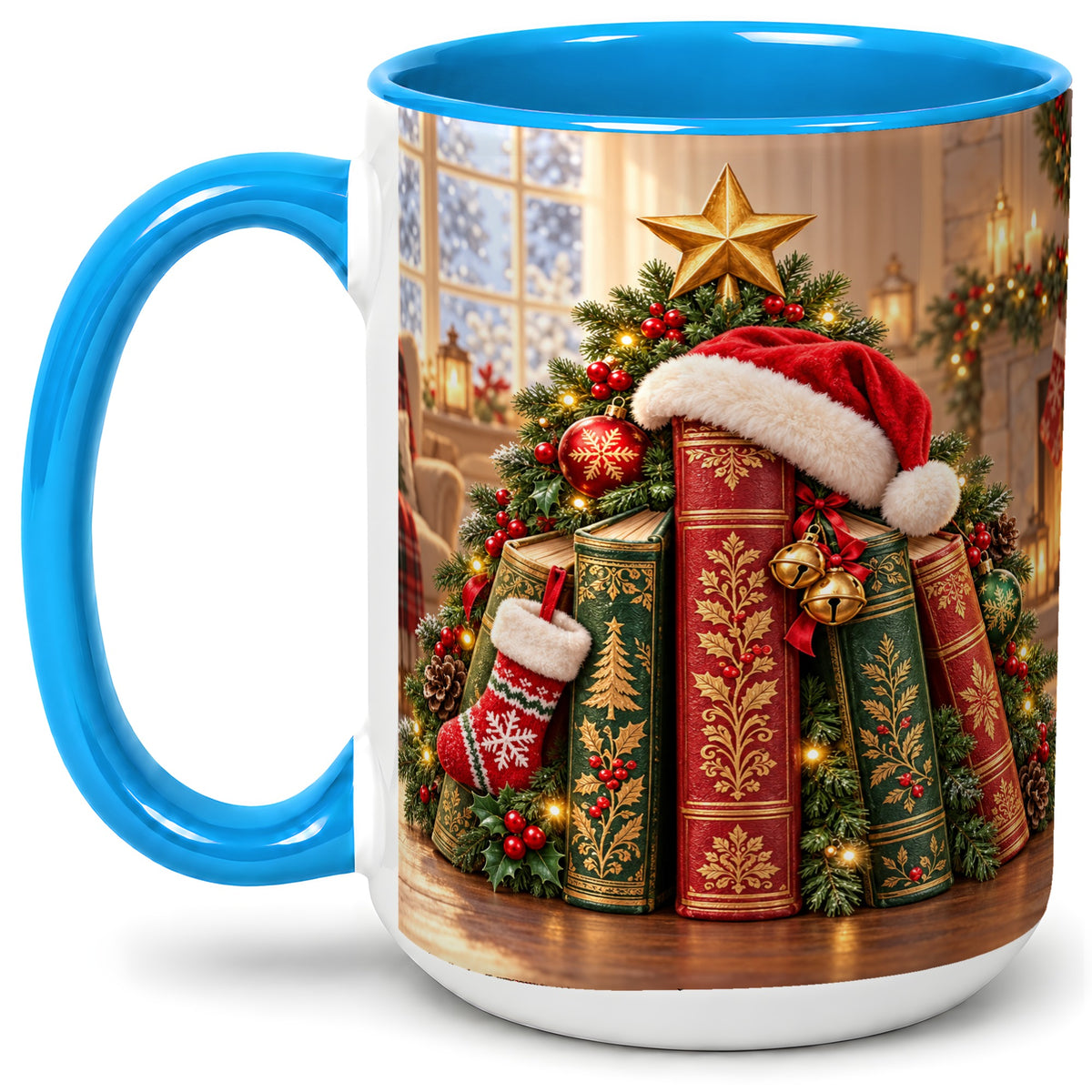 #pl[15oz|Blue] Christmas Books Accent Ceramic Mug, Santa Hat Tree Scene