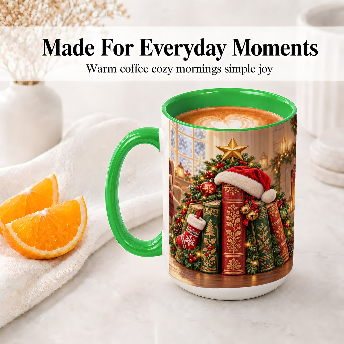 #pl[15oz|Green] Christmas Books Accent Ceramic Mug, Santa Hat Tree Scene