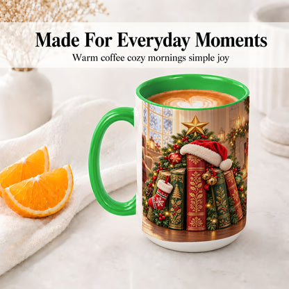 #pl[15oz|Green] Christmas Books Accent Ceramic Mug, Santa Hat Tree Scene