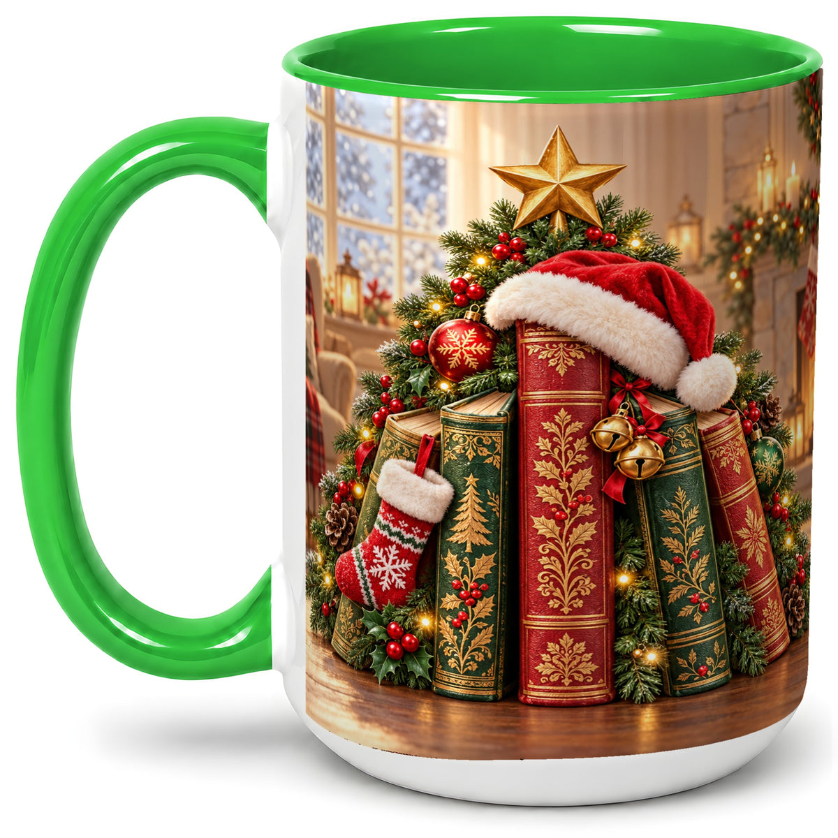 #pl[15oz|Green] Christmas Books Accent Ceramic Mug, Santa Hat Tree Scene