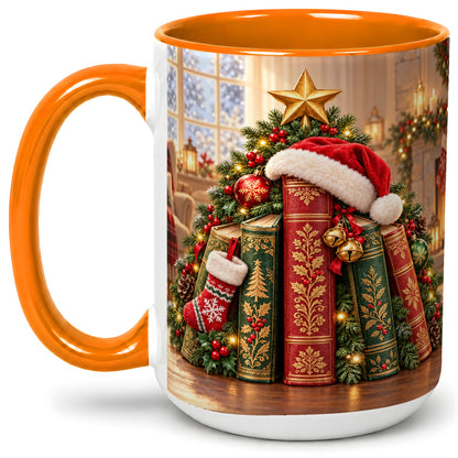 #pl[15oz|Orange] Christmas Books Accent Ceramic Mug, Santa Hat Tree Scene
