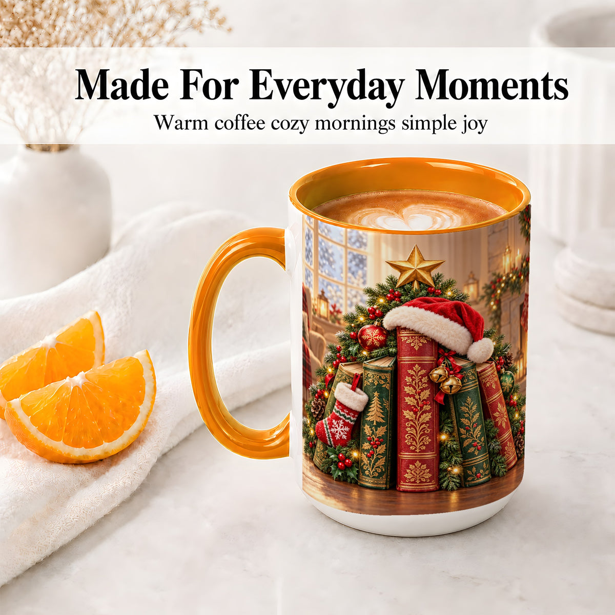 #pl[15oz|Orange] Christmas Books Accent Ceramic Mug, Santa Hat Tree Scene