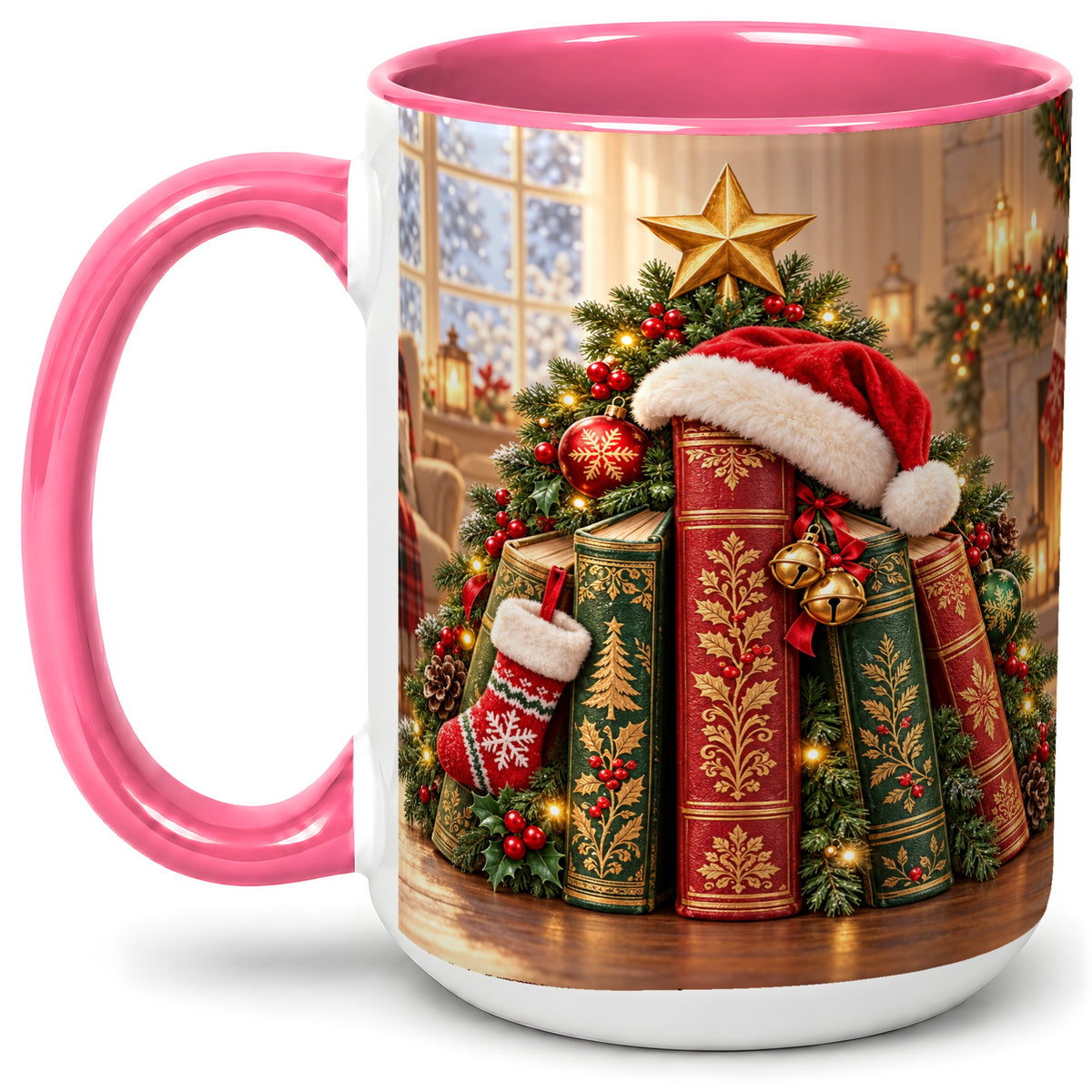 #pl[15oz|Pink] Christmas Books Accent Ceramic Mug, Santa Hat Tree Scene