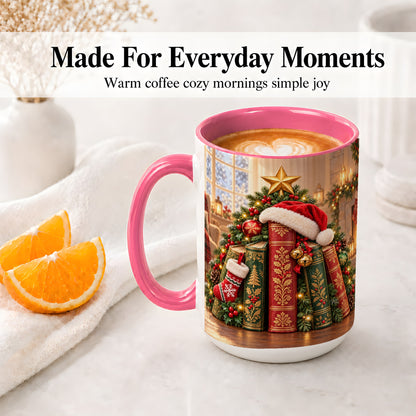 #pl[15oz|Pink] Christmas Books Accent Ceramic Mug, Santa Hat Tree Scene