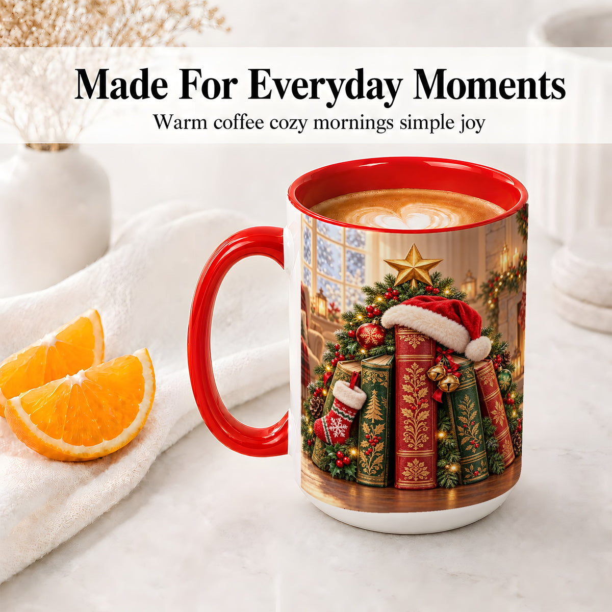 #pl[15oz|Red] Christmas Books Accent Ceramic Mug, Santa Hat Tree Scene