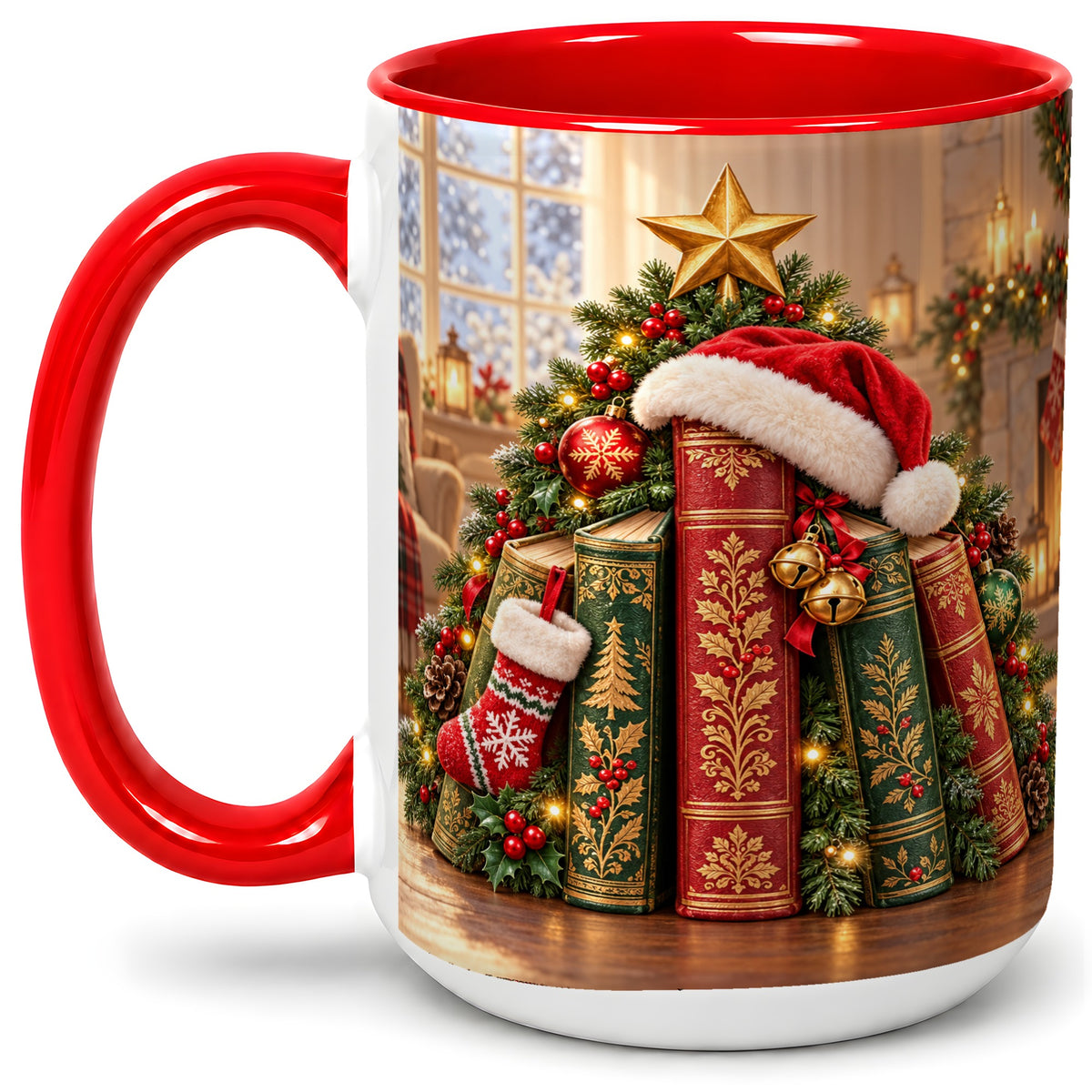 #pl[15oz|Red] Christmas Books Accent Ceramic Mug, Santa Hat Tree Scene