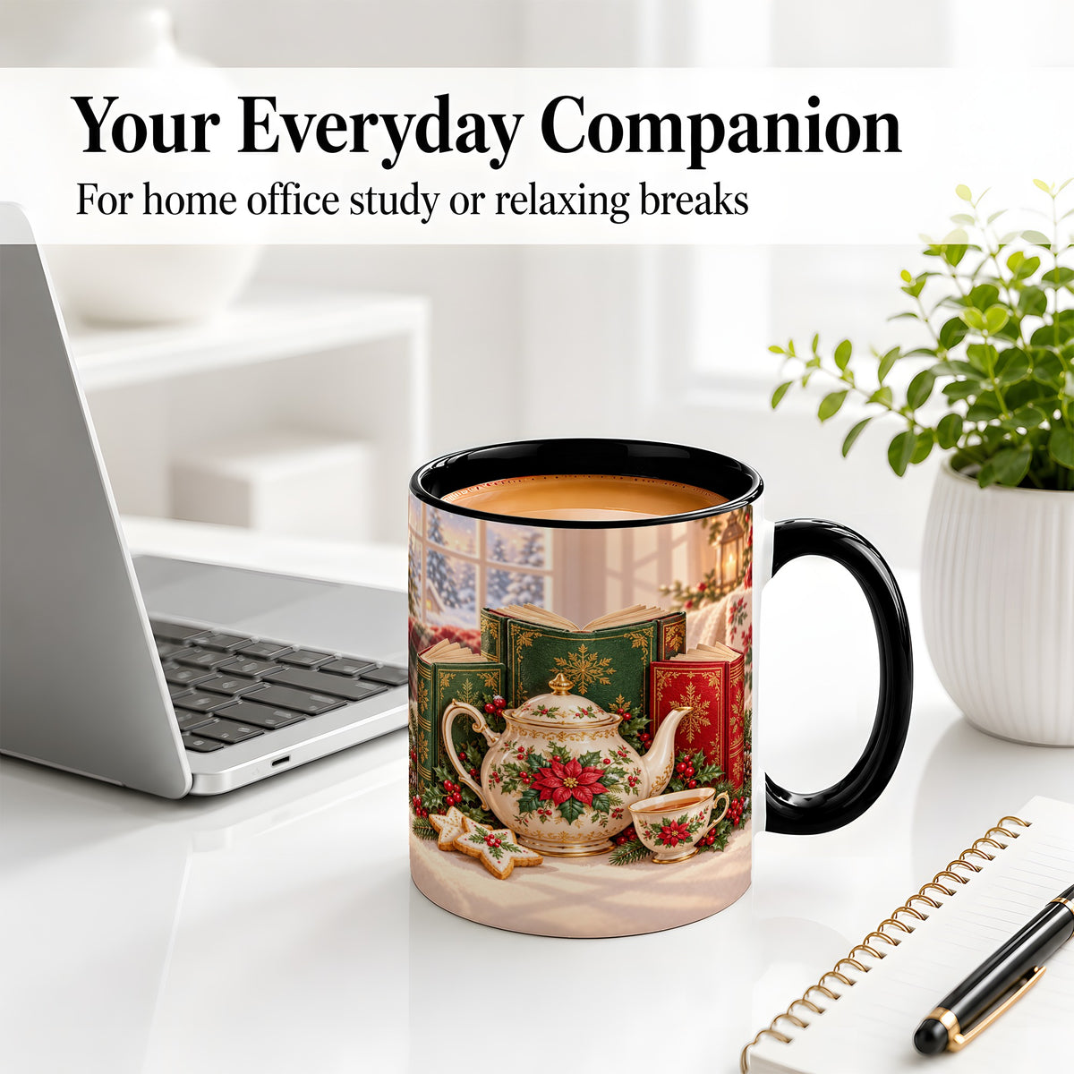 #pl[11oz|Black] Christmas Tea Books Accent Ceramic Mug, Poinsettia Scene
