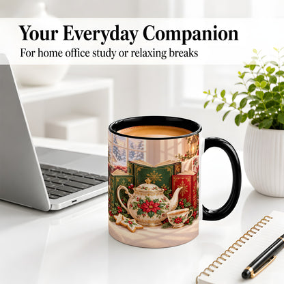 #pl[11oz|Black] Christmas Tea Books Accent Ceramic Mug, Poinsettia Scene