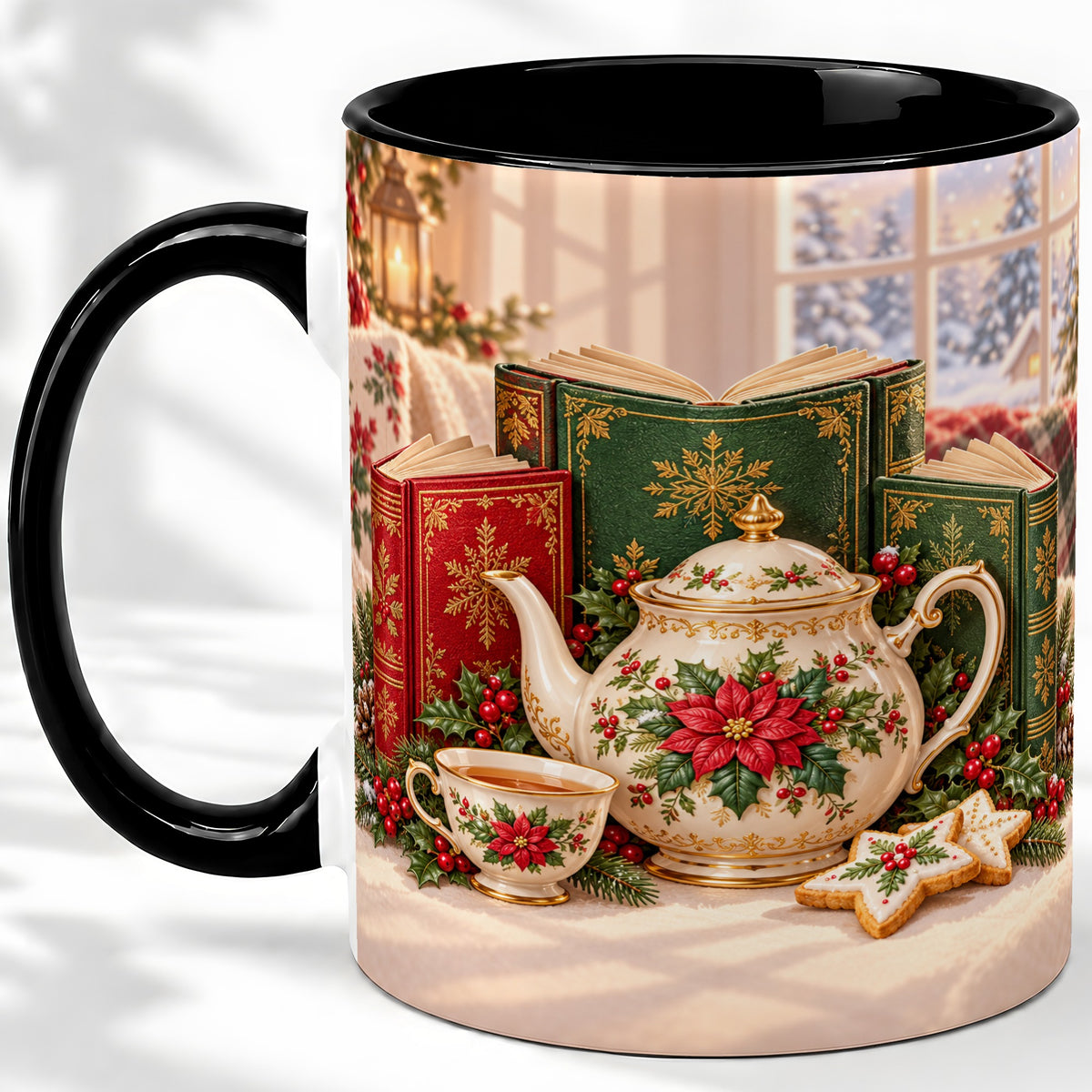 #pl[11oz|Black] Christmas Tea Books Accent Ceramic Mug, Poinsettia Scene