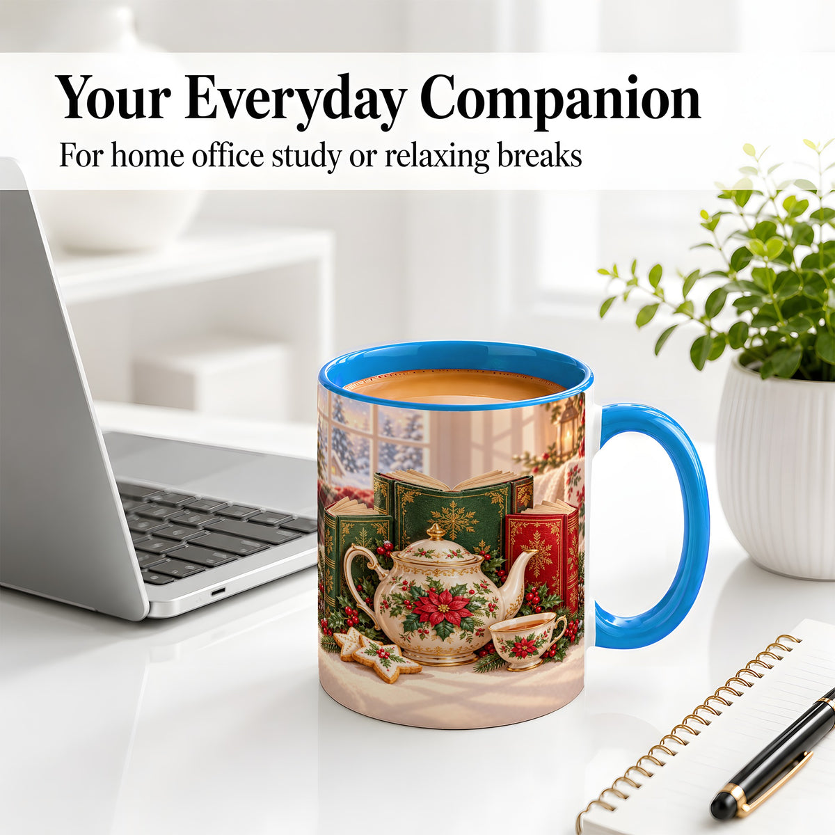 #pl[11oz|Blue] Christmas Tea Books Accent Ceramic Mug, Poinsettia Scene