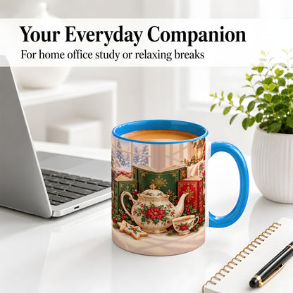 #pl[11oz|Blue] Christmas Tea Books Accent Ceramic Mug, Poinsettia Scene