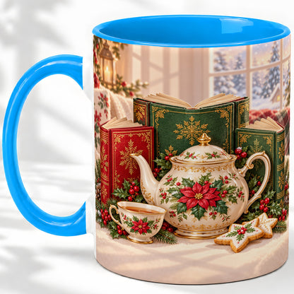 #pl[11oz|Blue] Christmas Tea Books Accent Ceramic Mug, Poinsettia Scene