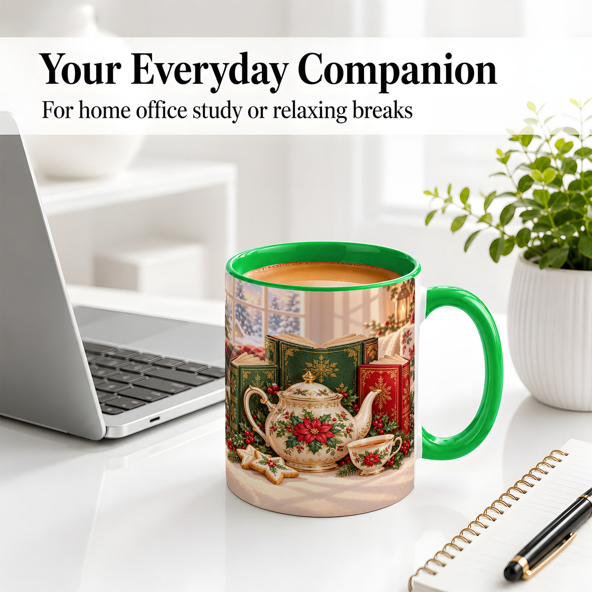 #pl[11oz|Green] Christmas Tea Books Accent Ceramic Mug, Poinsettia Scene