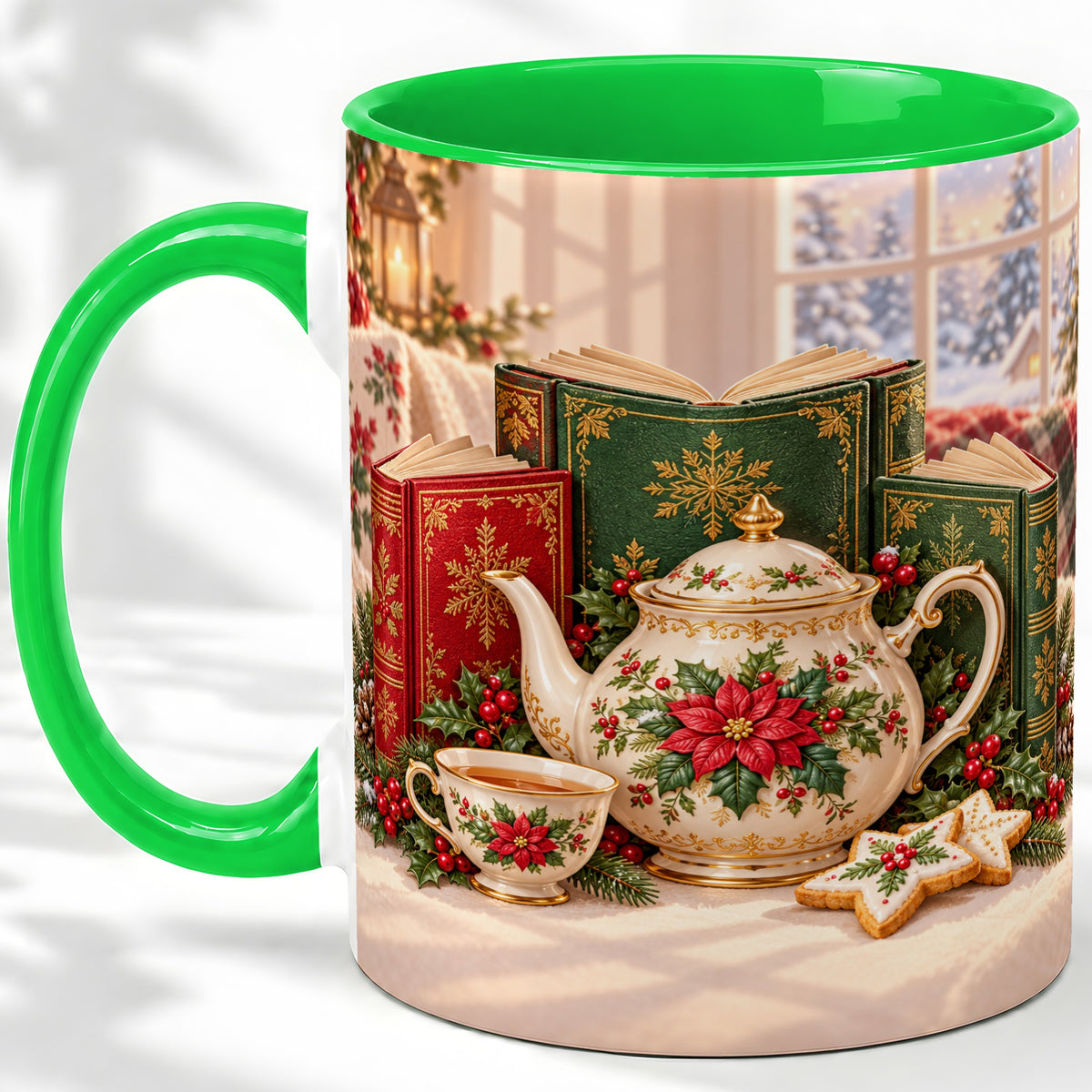 #pl[11oz|Green] Christmas Tea Books Accent Ceramic Mug, Poinsettia Scene