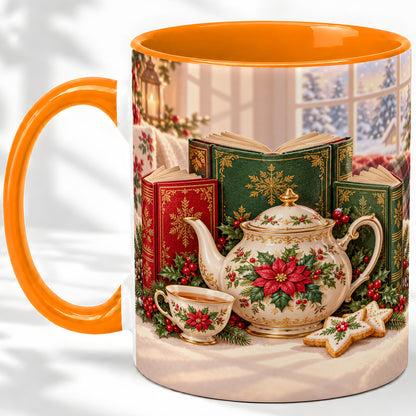 #pl[11oz|Orange] Christmas Tea Books Accent Ceramic Mug, Poinsettia Scene