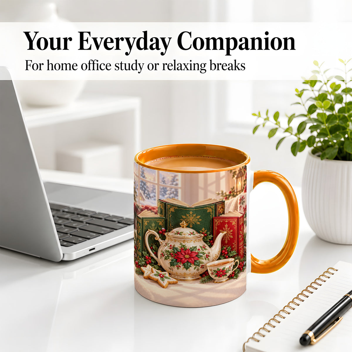 #pl[11oz|Orange] Christmas Tea Books Accent Ceramic Mug, Poinsettia Scene
