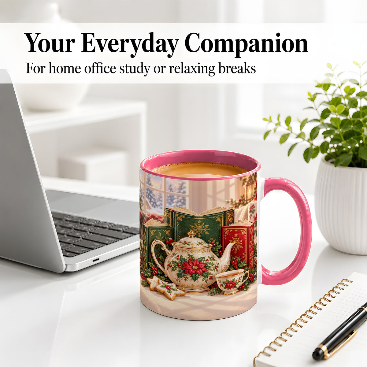 #pl[11oz|Pink] Christmas Tea Books Accent Ceramic Mug, Poinsettia Scene