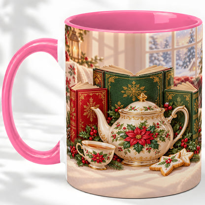 #pl[11oz|Pink] Christmas Tea Books Accent Ceramic Mug, Poinsettia Scene