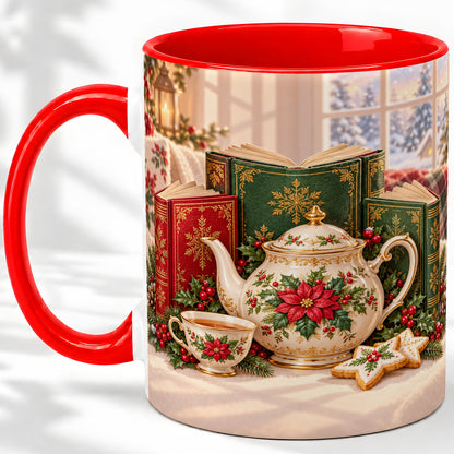 Christmas Tea Books Accent Ceramic Mug, Poinsettia Scene