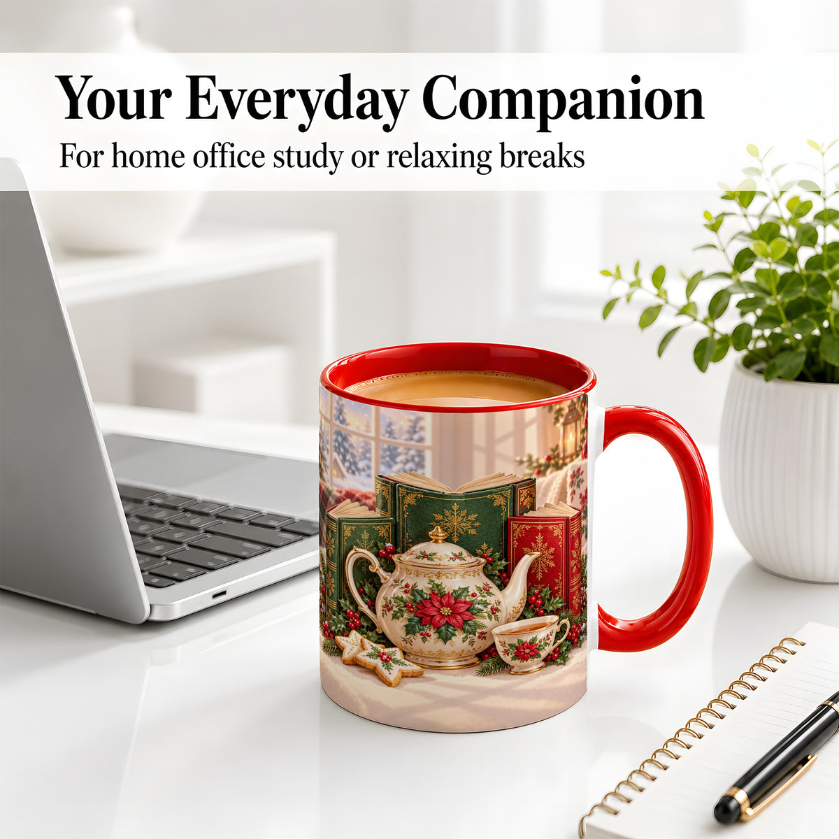 #pl[11oz|Red] Christmas Tea Books Accent Ceramic Mug, Poinsettia Scene