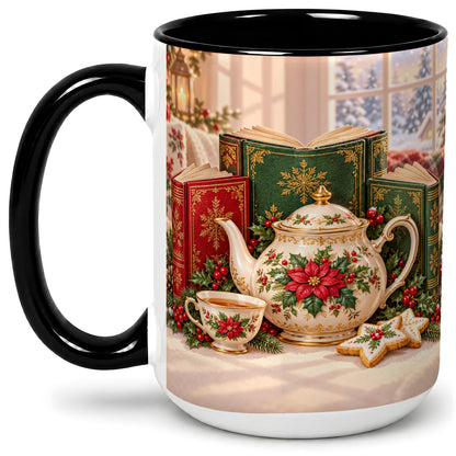 #pl[15oz|Black] Christmas Tea Books Accent Ceramic Mug, Poinsettia Scene