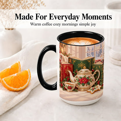 #pl[15oz|Black] Christmas Tea Books Accent Ceramic Mug, Poinsettia Scene