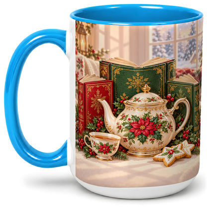 #pl[15oz|Blue] Christmas Tea Books Accent Ceramic Mug, Poinsettia Scene
