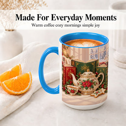 #pl[15oz|Blue] Christmas Tea Books Accent Ceramic Mug, Poinsettia Scene