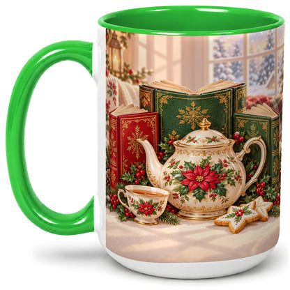 #pl[15oz|Green] Christmas Tea Books Accent Ceramic Mug, Poinsettia Scene