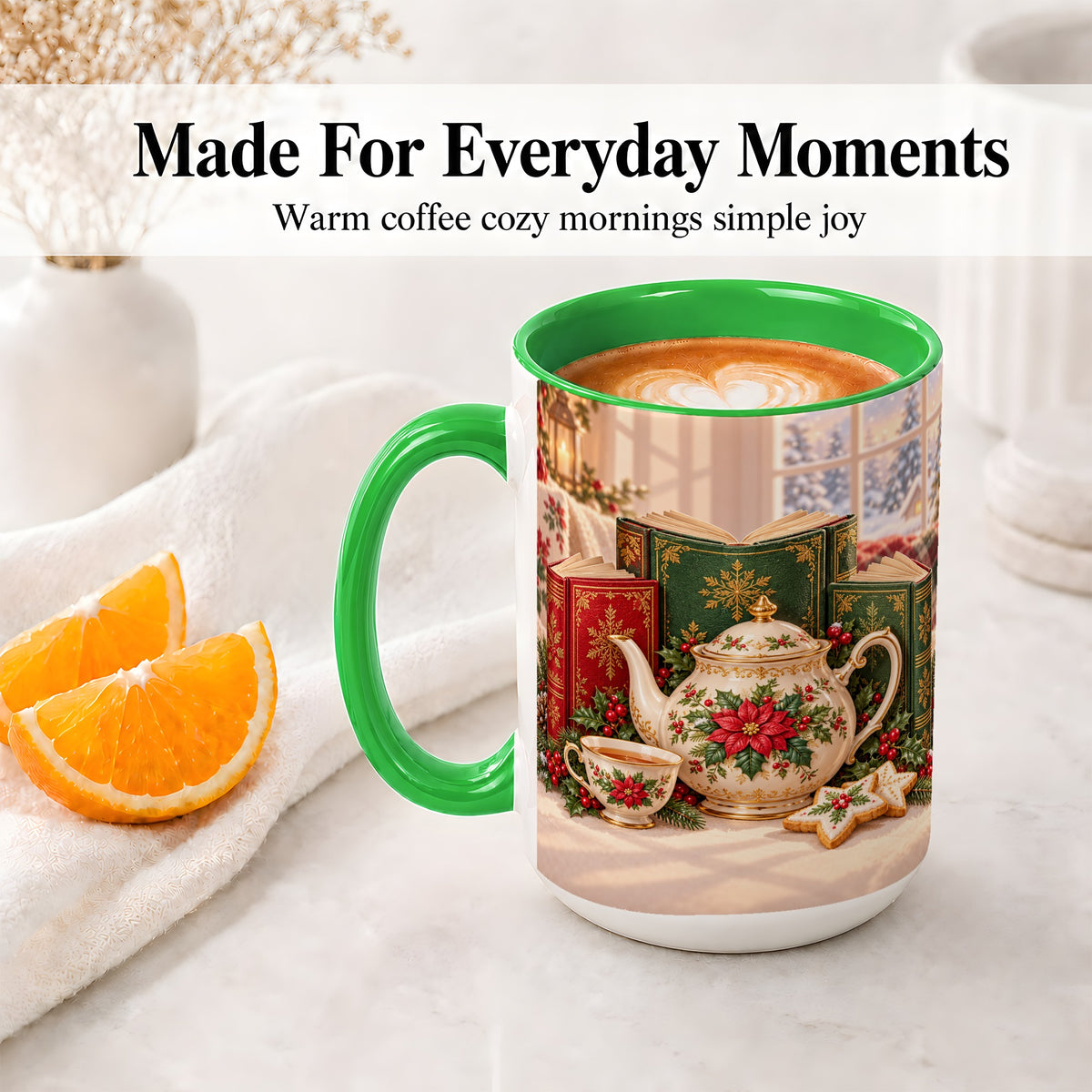 #pl[15oz|Green] Christmas Tea Books Accent Ceramic Mug, Poinsettia Scene