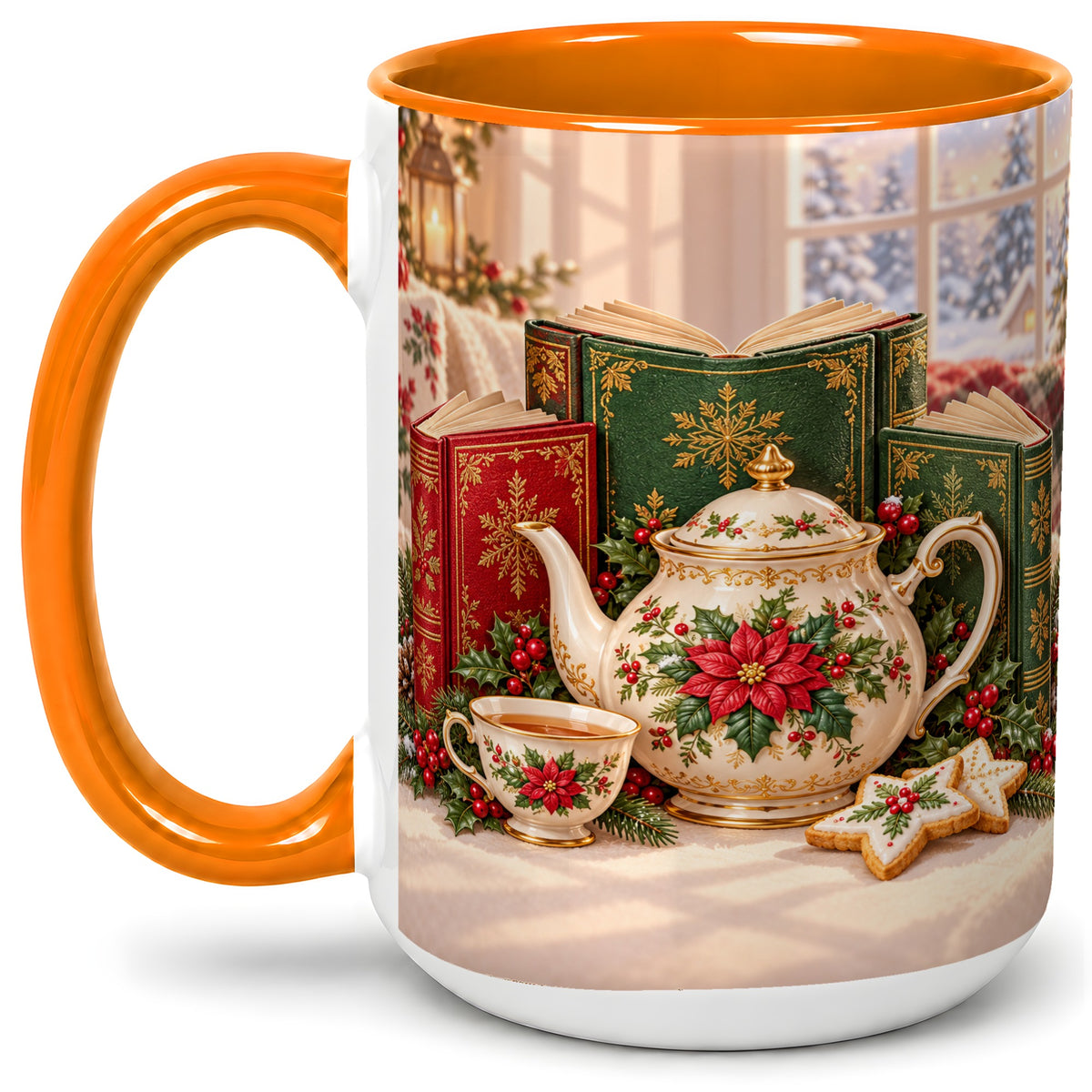 #pl[15oz|Orange] Christmas Tea Books Accent Ceramic Mug, Poinsettia Scene