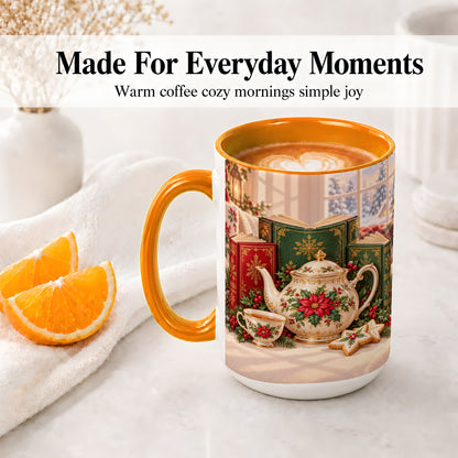 #pl[15oz|Orange] Christmas Tea Books Accent Ceramic Mug, Poinsettia Scene