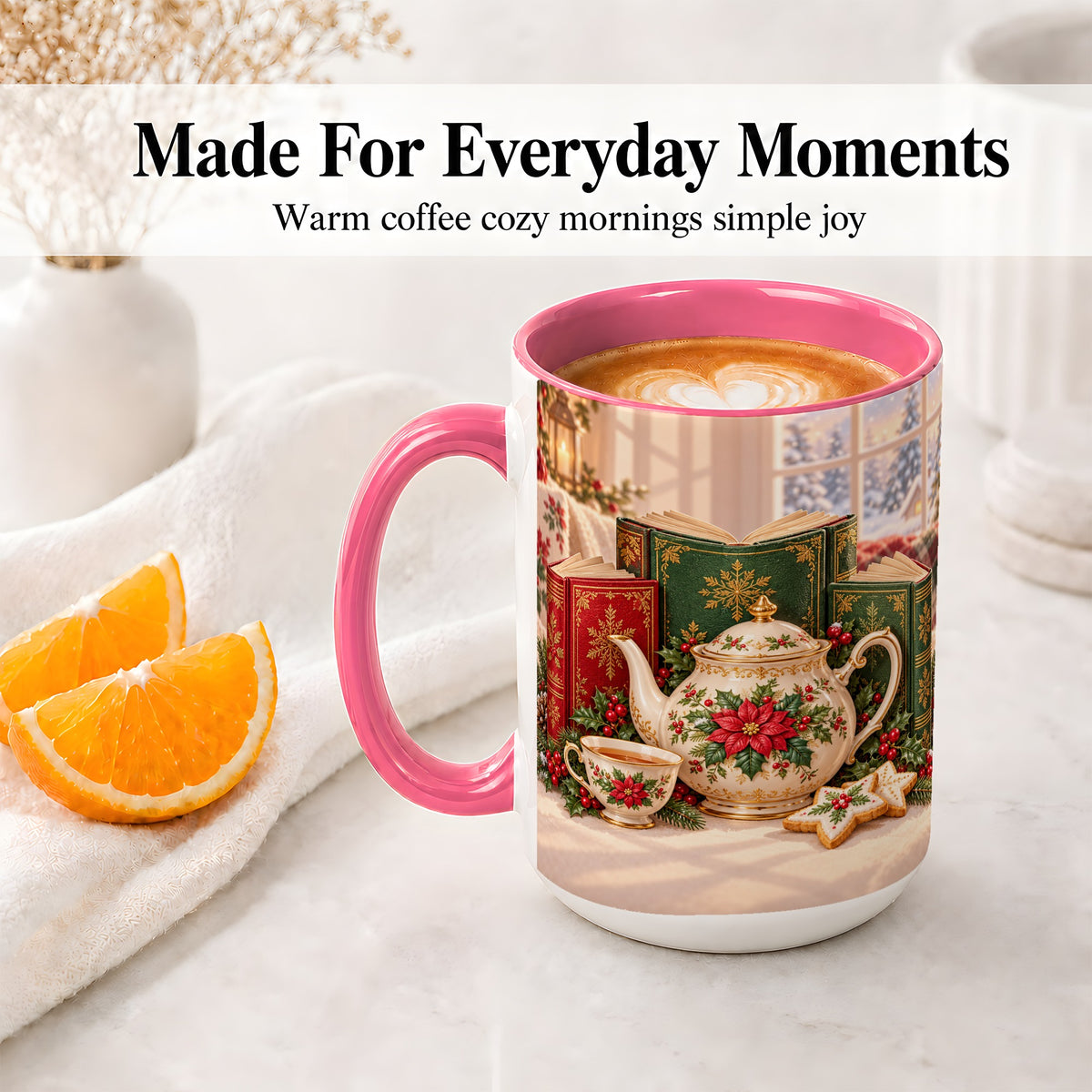 #pl[15oz|Pink] Christmas Tea Books Accent Ceramic Mug, Poinsettia Scene