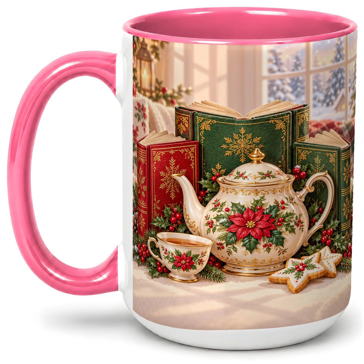 #pl[15oz|Pink] Christmas Tea Books Accent Ceramic Mug, Poinsettia Scene