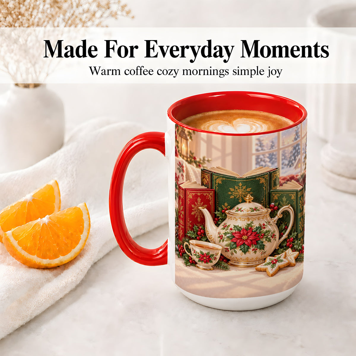 #pl[15oz|Red] Christmas Tea Books Accent Ceramic Mug, Poinsettia Scene