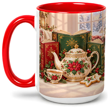 #pl[15oz|Red] Christmas Tea Books Accent Ceramic Mug, Poinsettia Scene