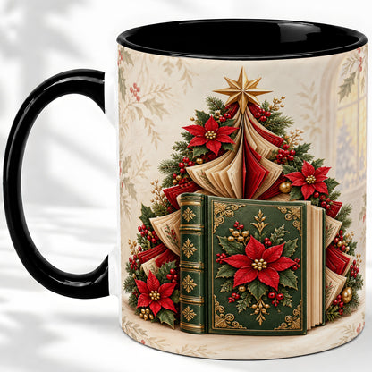 #pl[11oz|Black] Christmas Book Tree Accent Ceramic Mug, Poinsettia Artwork