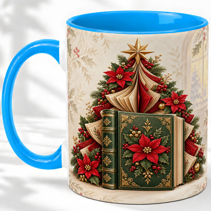 #pl[11oz|Blue] Christmas Book Tree Accent Ceramic Mug, Poinsettia Artwork