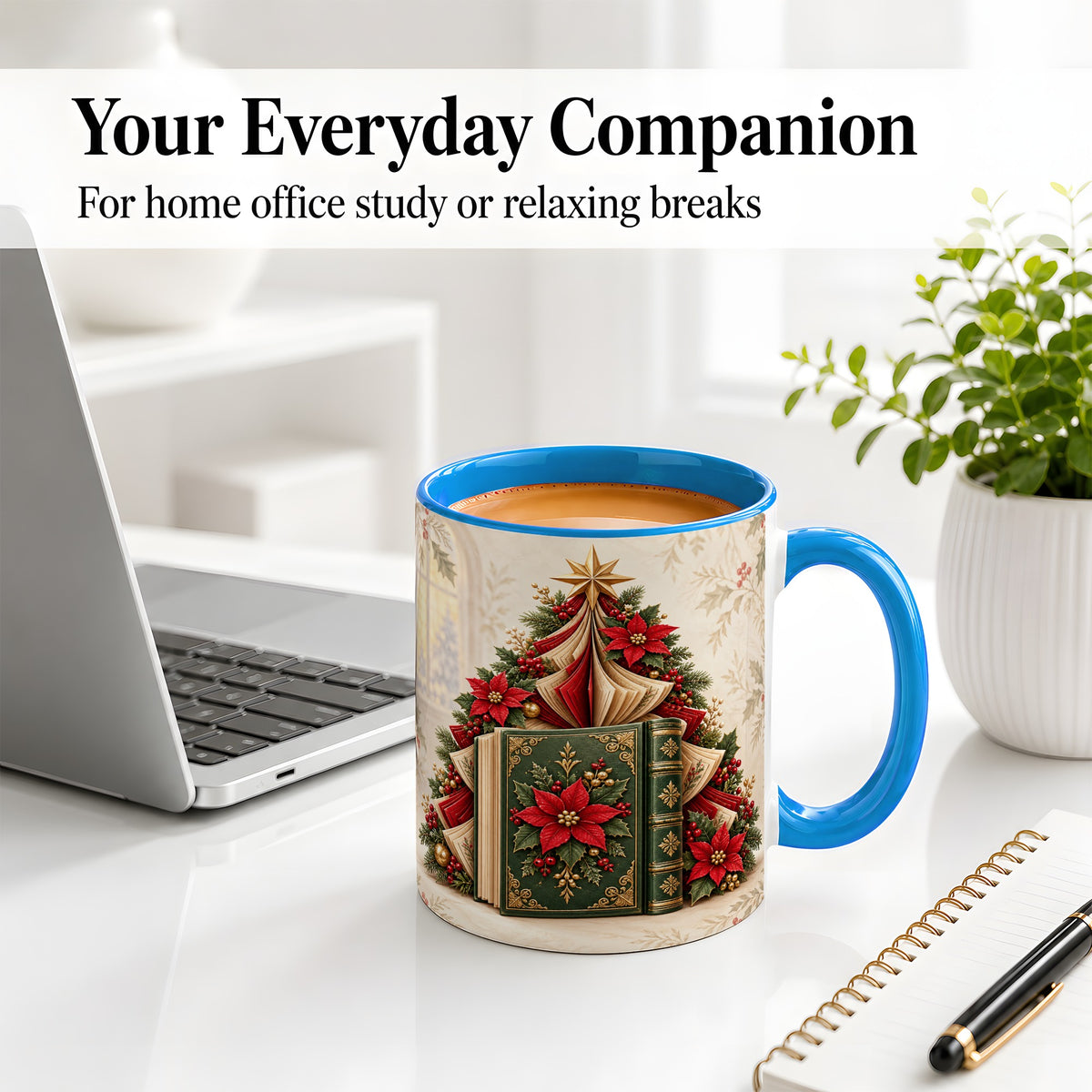 #pl[11oz|Blue] Christmas Book Tree Accent Ceramic Mug, Poinsettia Artwork