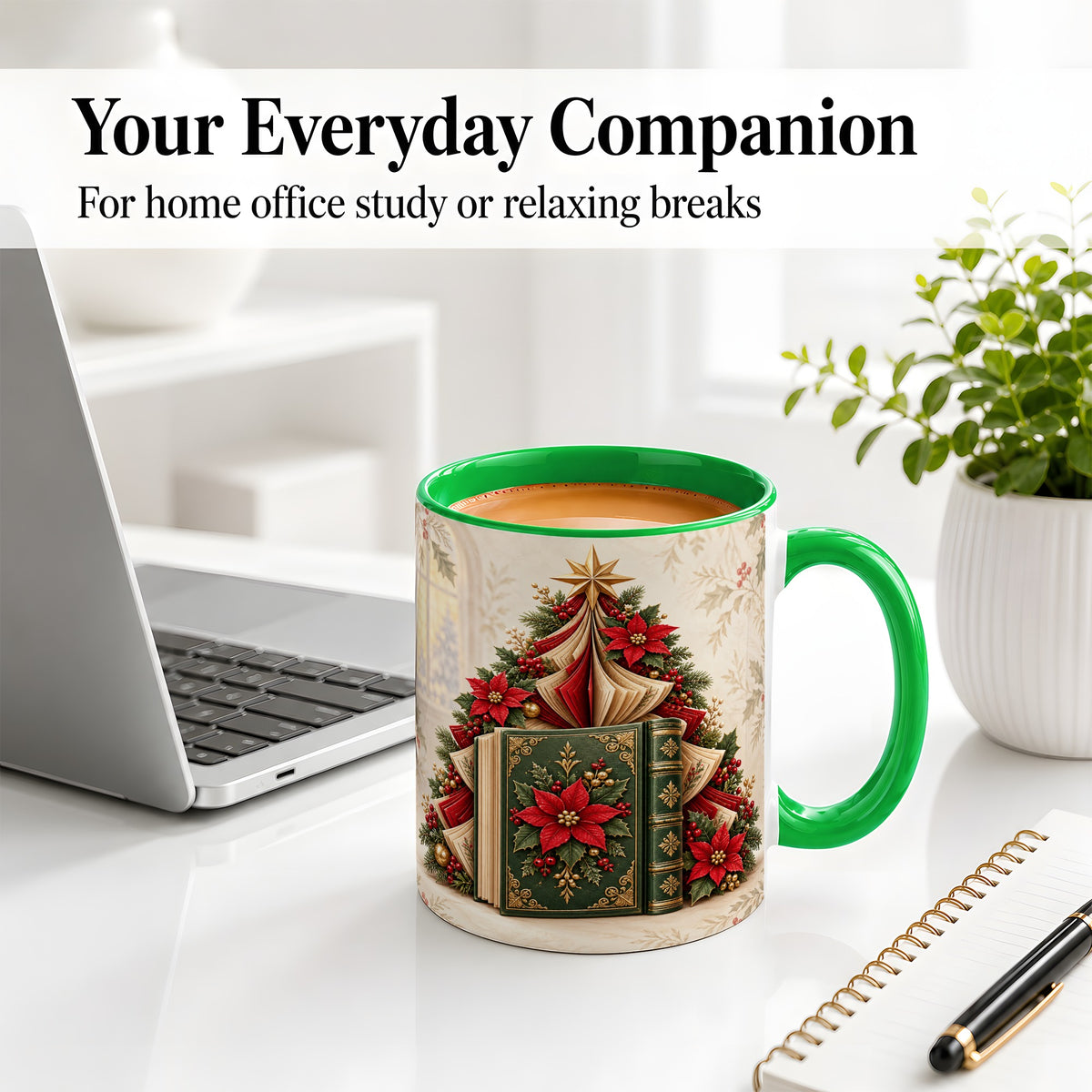#pl[11oz|Green] Christmas Book Tree Accent Ceramic Mug, Poinsettia Artwork