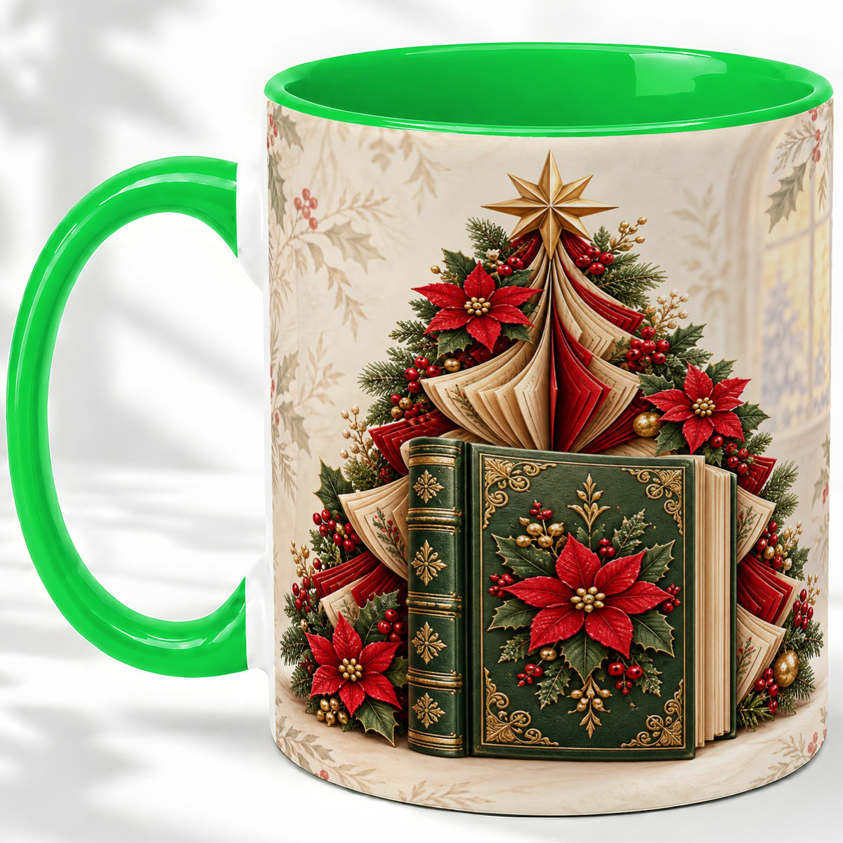 #pl[11oz|Green] Christmas Book Tree Accent Ceramic Mug, Poinsettia Artwork
