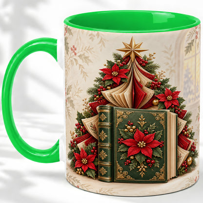 #pl[11oz|Green] Christmas Book Tree Accent Ceramic Mug, Poinsettia Artwork