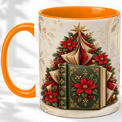 #pl[11oz|Orange] Christmas Book Tree Accent Ceramic Mug, Poinsettia Artwork