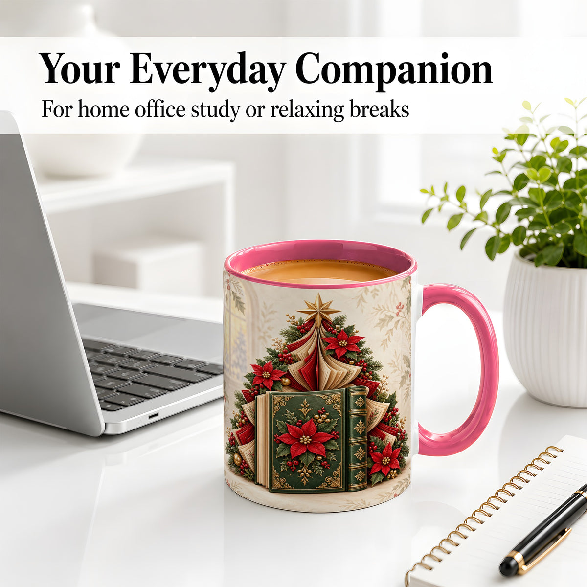 #pl[11oz|Pink] Christmas Book Tree Accent Ceramic Mug, Poinsettia Artwork
