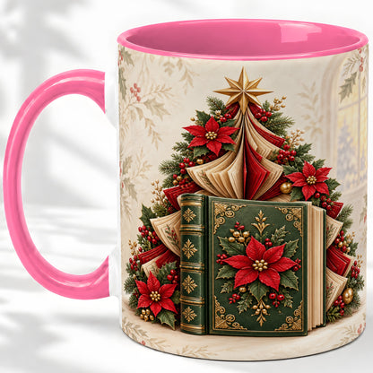 #pl[11oz|Pink] Christmas Book Tree Accent Ceramic Mug, Poinsettia Artwork